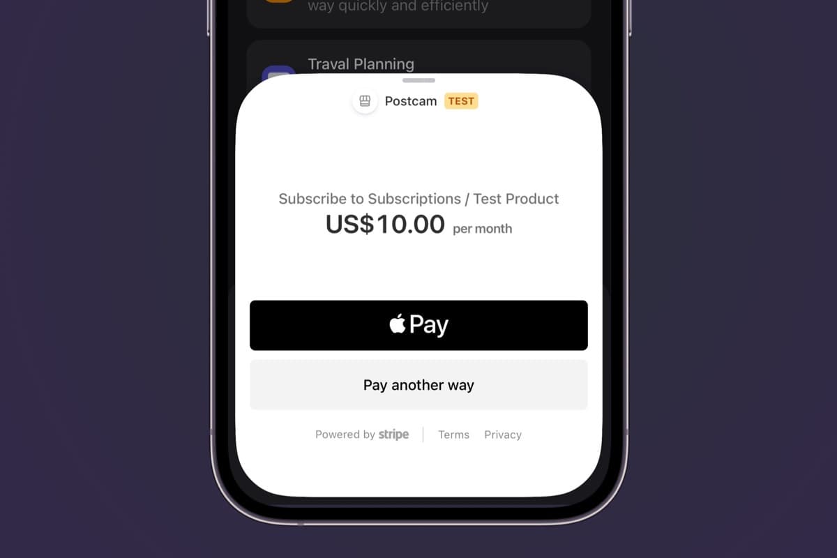 Superwall's Stripe payment sheet showing Apple Pay and card options inside an iOS app