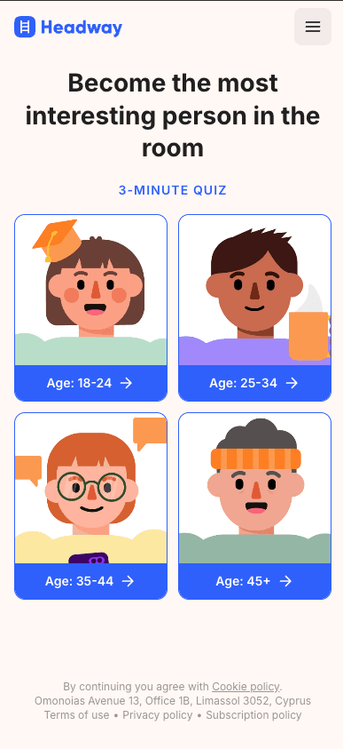 Headway web2app funnel screen 1