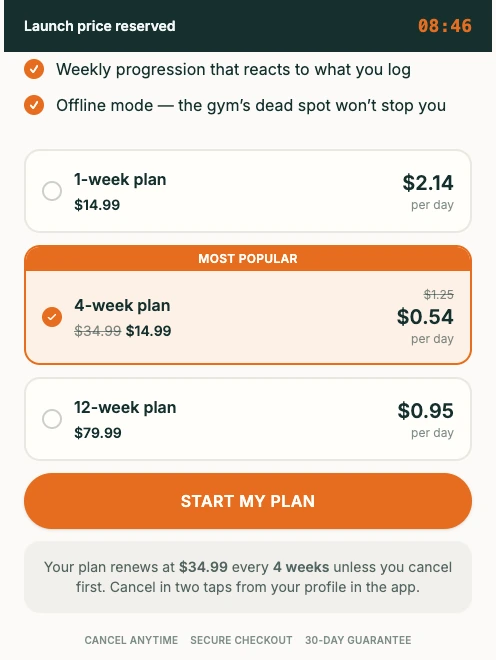 The demo funnel's checkout paywall: a launch-price countdown pinned to the top, then a 1-week, 4-week and 12-week plan compared by price per day, with the 4-week plan marked most popular and selected.